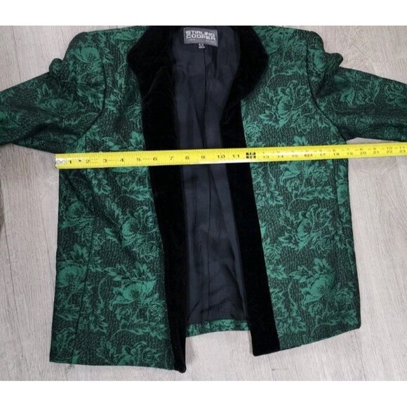 VINTAGE 80s Black Green Wool Velvet floral blazer Jaquard Brocade size 8/9 - Picture 5 of 7